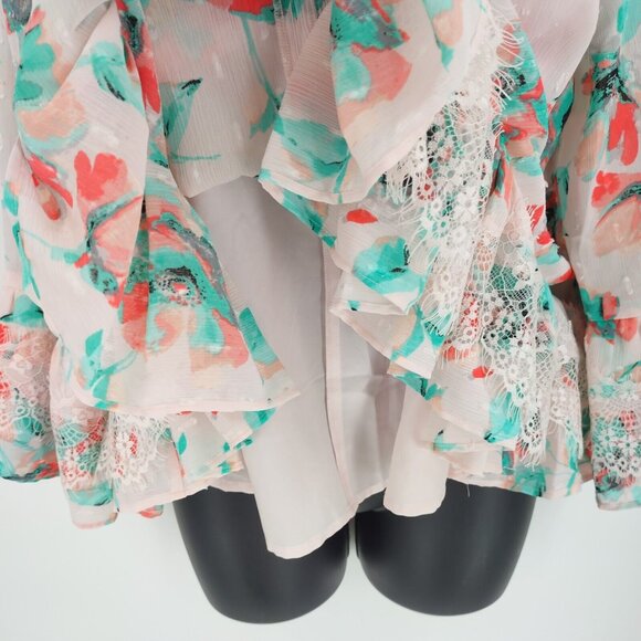 Kaari Blue Sz L Multi Pink Floral Santorini 3/4 Sleeve Ruffle Front Tie Top Lace - Picture 6 of 13